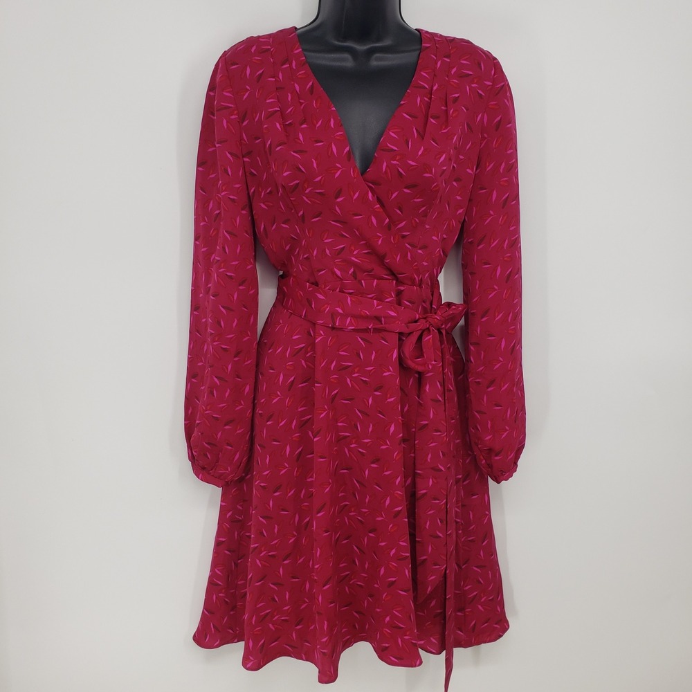 Adrianna Papell Leaf Print Faux Wrap Dress Women 2 Pink Red Long Sleeve V-Neck